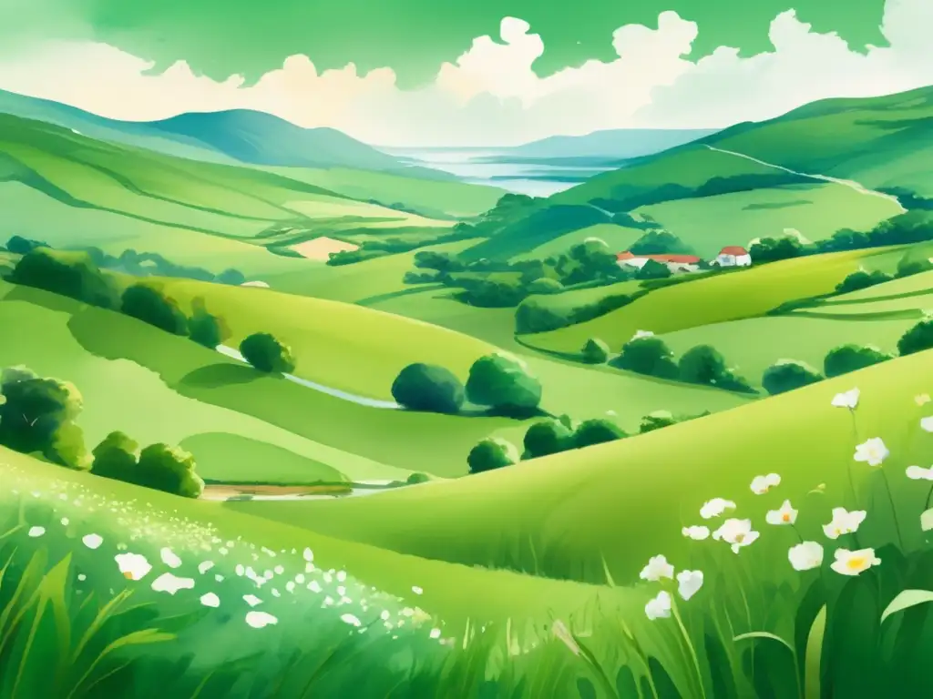 Ilustración ultradetallada 8K de un sereno paisaje europeo con colinas verdes, prados vibrantes y un río serpenteante