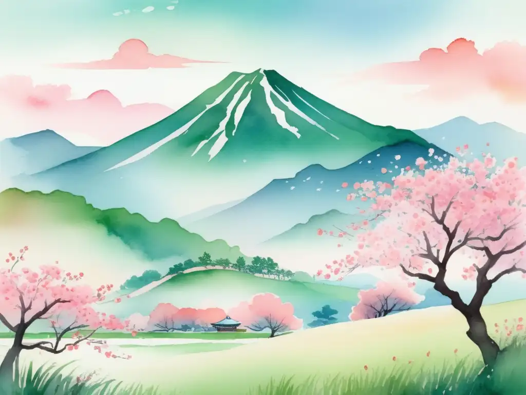 Ilustración acuarela detallada de paisaje coreano con montañas y flores de cerezo en plena floración