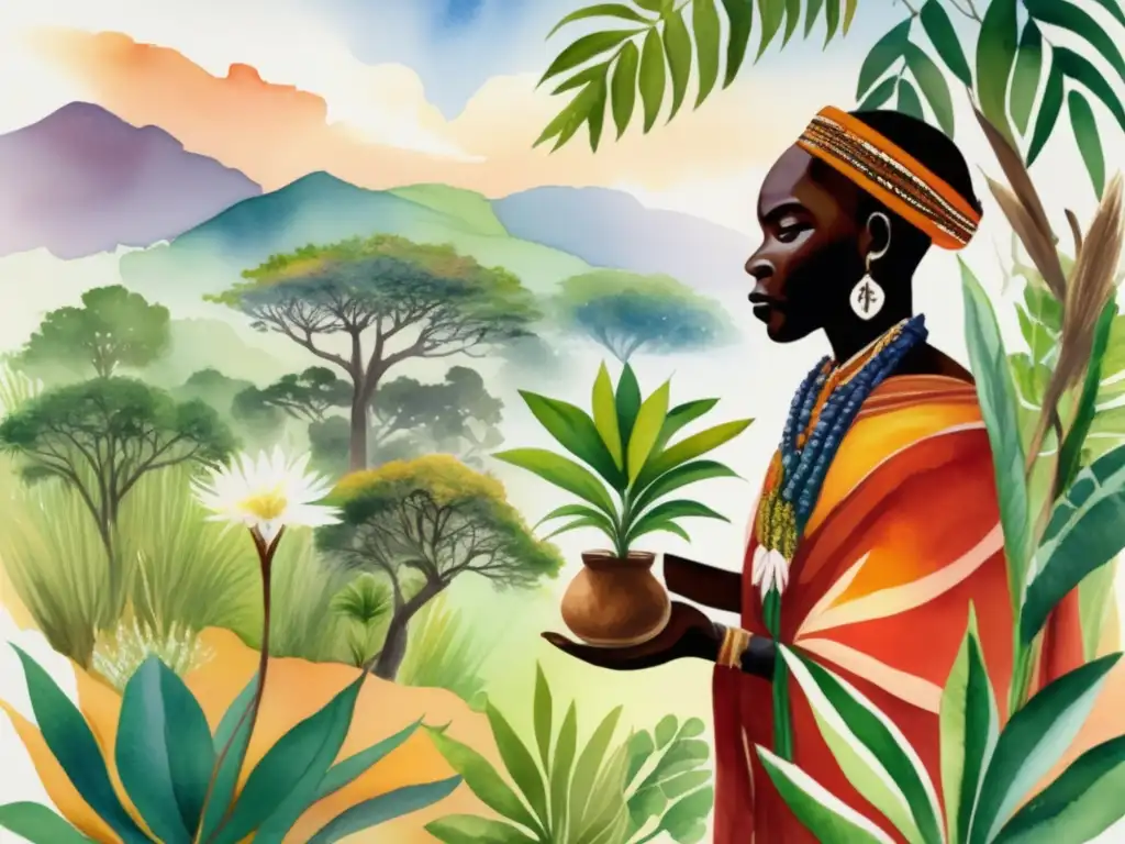 Pintura acuarela: Paisaje africano con chamán y planta medicinal en rituales