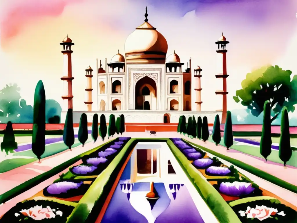 Diseño jardines históricos India: Exquisita pintura acuarela del jardín del Taj Mahal en Agra, con colores vibrantes y follaje exuberante