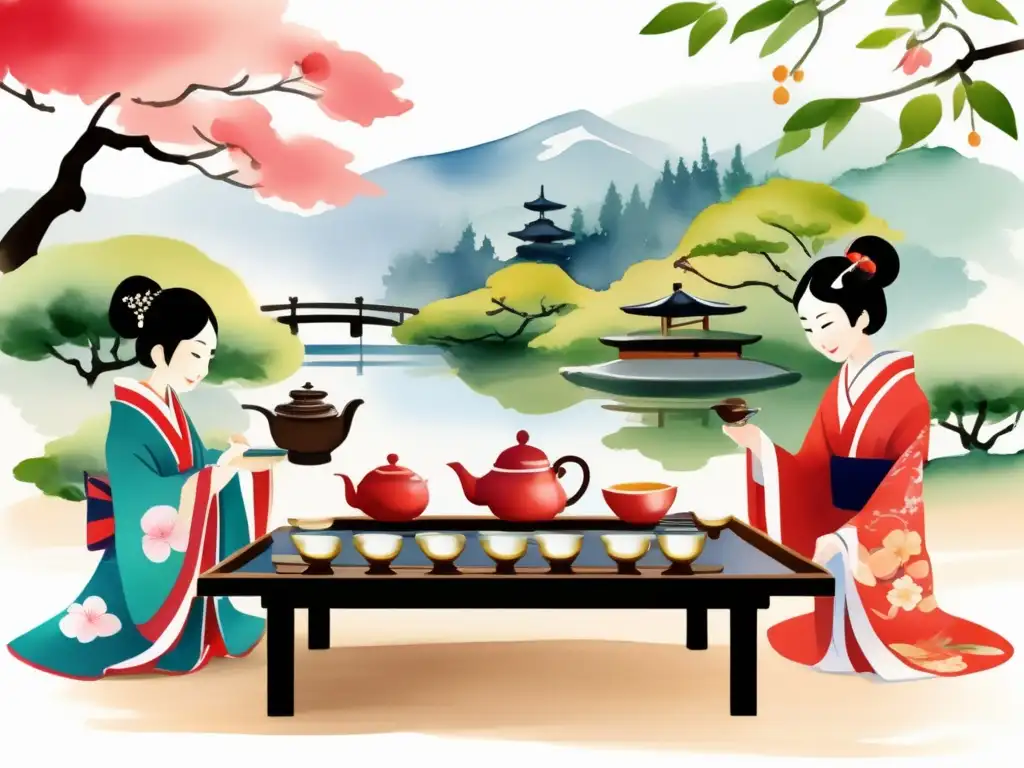 Ceremonia del té tradicional en un jardín japonés con mesa de té y árboles de cerezo en flor