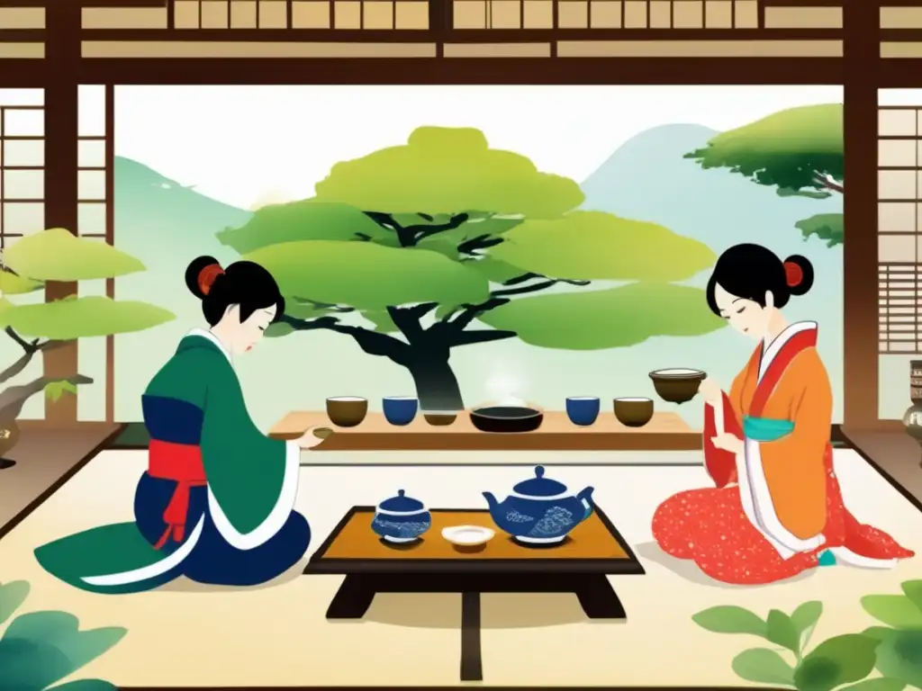 Ceremonia del té tradicional en un hermoso jardín japonés con maestro del té y participantes serenos