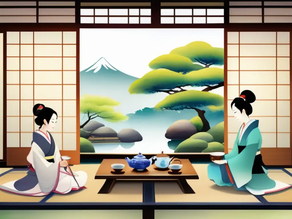 Ceremonia del té tradicional en jardín japonés con kimonos, tatami y delicados detalles