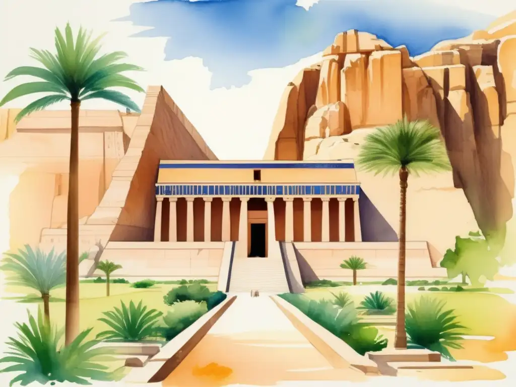 Ilustración acuarela: Templo Hatshepsut en Egipto, importancia histórica plantas arquitectura Egipto