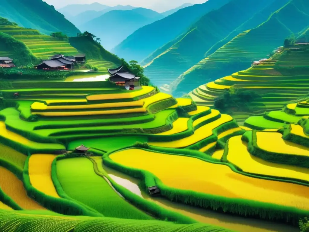 Impacto económico del cultivo de arroz en China: impresionante imagen de arrozales en Longsheng, con colores vibrantes y detalles precisos