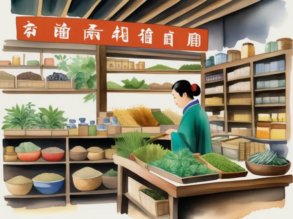 Medicina tradicional china: una colorida tienda de hierbas con plantas medicinales históricas y culturales