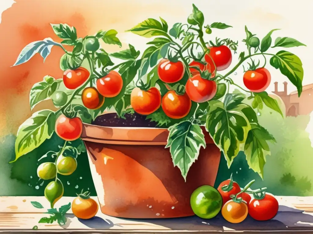 Tomate: beneficios del consumo, planta exuberante en acuarela, frutos rojos y jugosos, jardín mediterráneo rústico