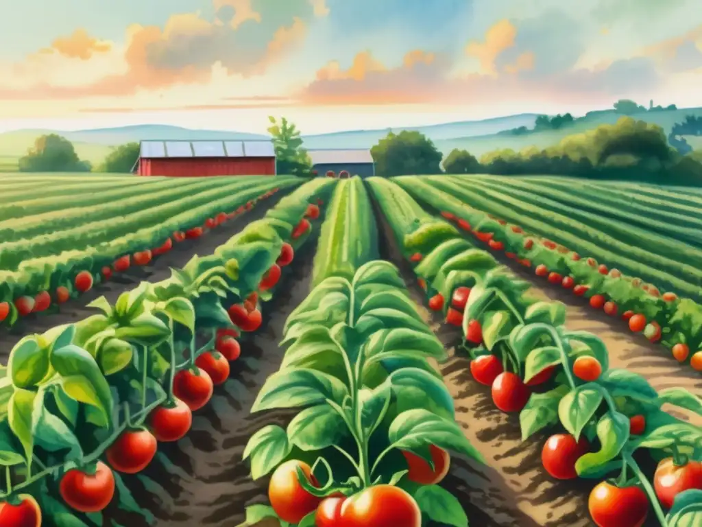 Beneficios del consumo de tomate en una pintura de acuarela de una granja de tomates en un día soleado