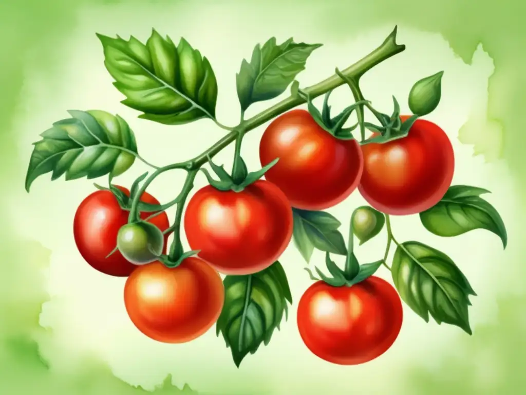 Ilustración acuarela de una exuberante planta de tomate con tomates rojos maduros colgando