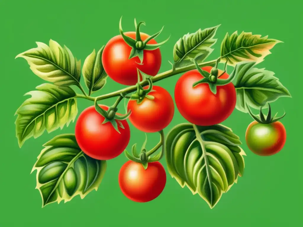 Plantío de tomates vibrantes en crecimiento, con detalles acuarela y beneficios del consumo de tomate