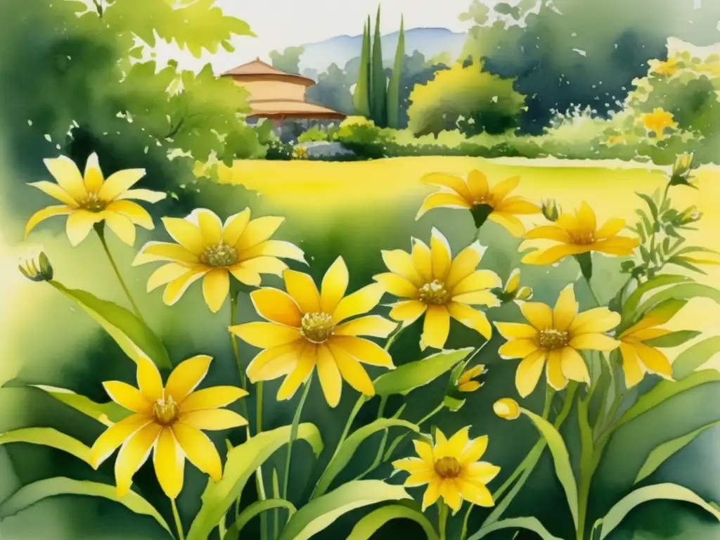 Jardín tranquilo con flores vibrantes Beneficios de plantas medicinales postoperatorias, jardín tranquilo con flores vibrantes de Manzanilla, Caléndula y Árnica