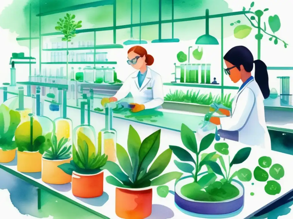 Biotecnología vegetal: medicamentos y transformación genética en laboratorio con plantas vibrantes