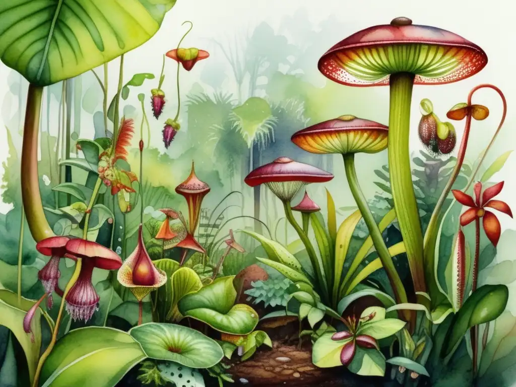 Ilustración acuarela detallada de un bosque tropical brumoso con plantas carnívoras vibrantes y complejas - Funcionamiento trampas plantas carnívoras