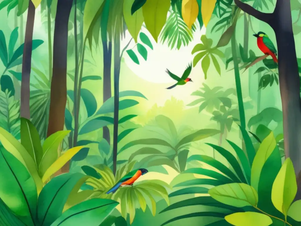 Ilustración acuarela de un exuberante bosque tropical con aves dispersando semillas: Importancia de la dispersión de semillas por aves