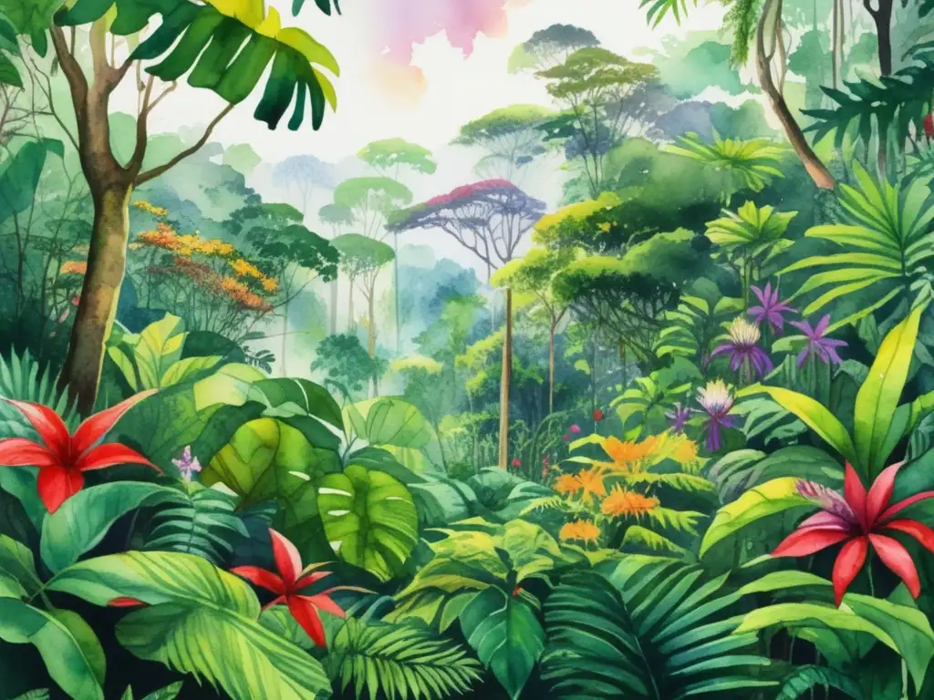 Ilustración detallada de una exuberante selva tropical con plantas tóxicas: hábitat y trampas naturaleza