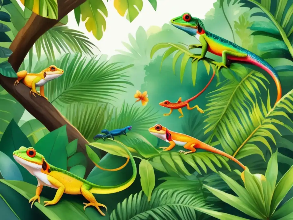 Ilustración acuarela: Bosque tropical, polinización por lagartijas