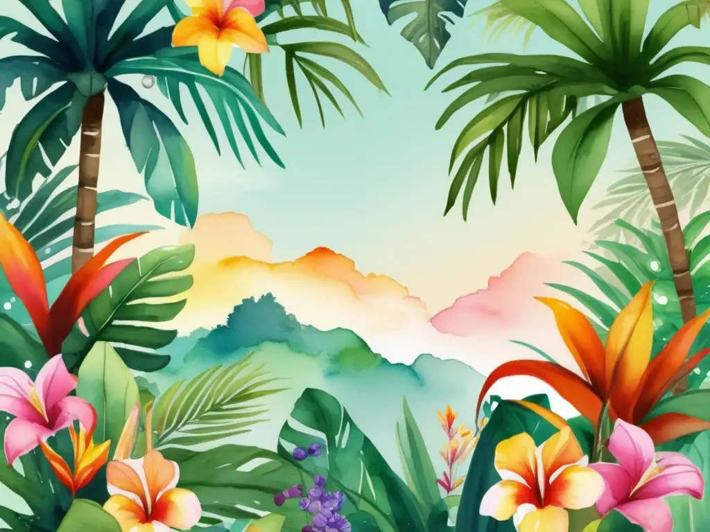 Plantas ornamentales en joyería: exuberante ilustración acuarela de selva tropical con plantas exóticas vibrantes y joyería vegetal