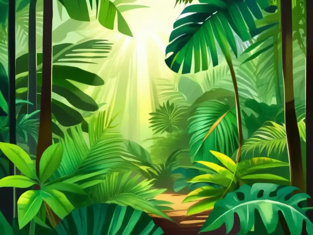 Escena de selva tropical con adaptaciones de plantas a la luz solar