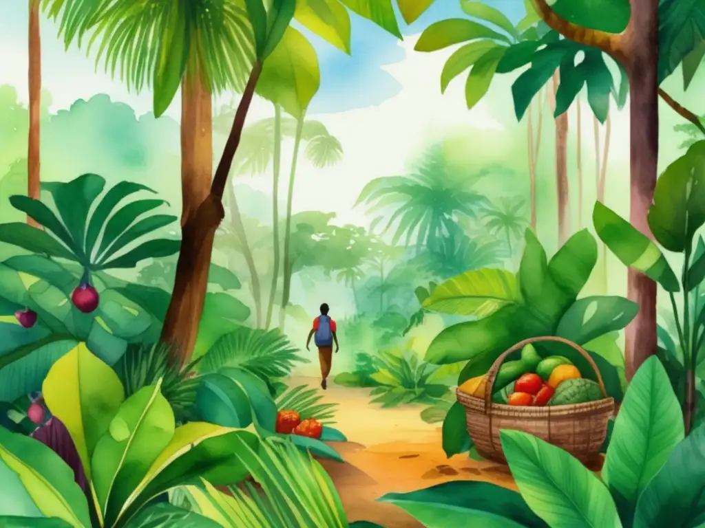 Ilustración acuarela de exuberante selva tropical con plantas comestibles