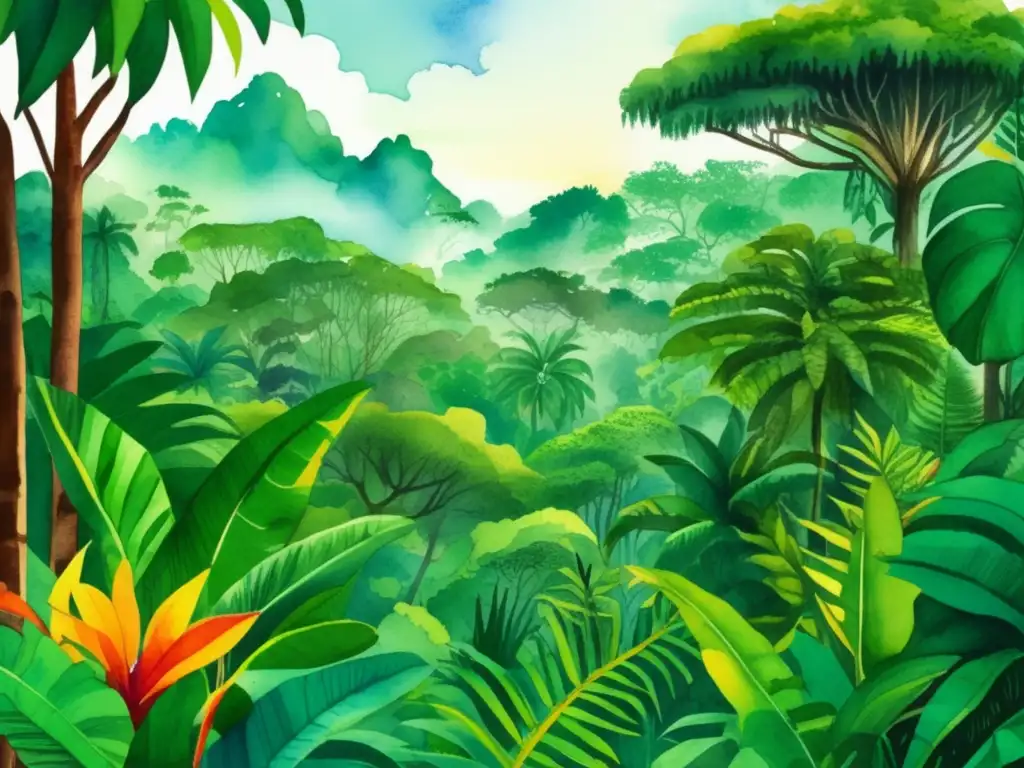 Importancia cultural plantas selvas tropicales América Latina: ilustración acuarela vibrante de una exuberante selva tropical con diversa flora