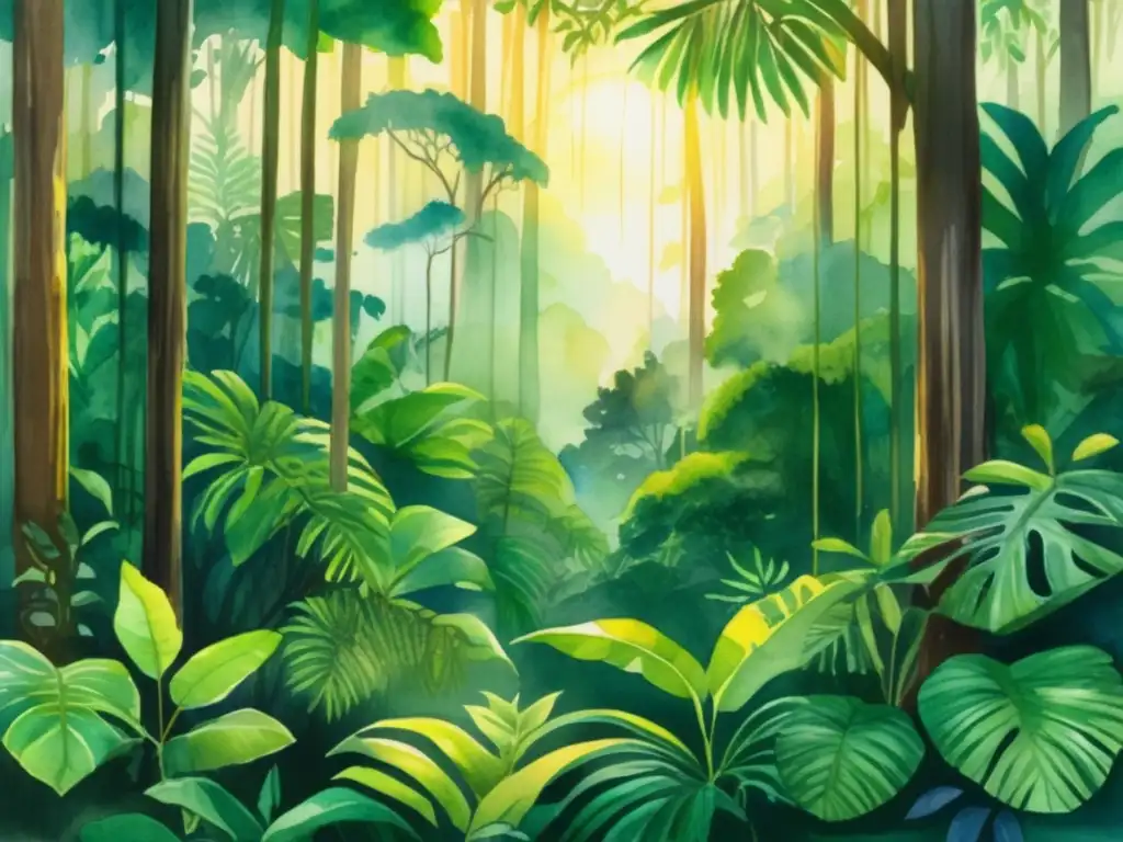 Pintura acuarela de bosque tropical con plantas utilizadas en rituales de iniciación