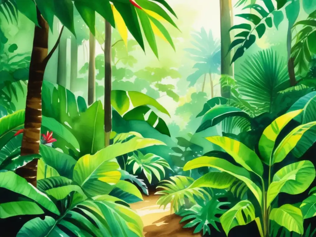 Pintura acuarela vibrante: bosque tropical con relevancia histórica plantas bosques tropicales