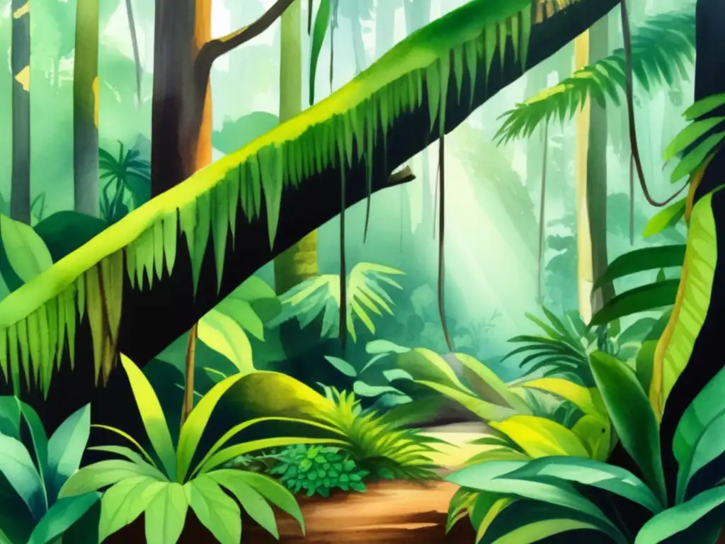 Ilustración acuarela de selva tropical con plantas, fauna y recursos