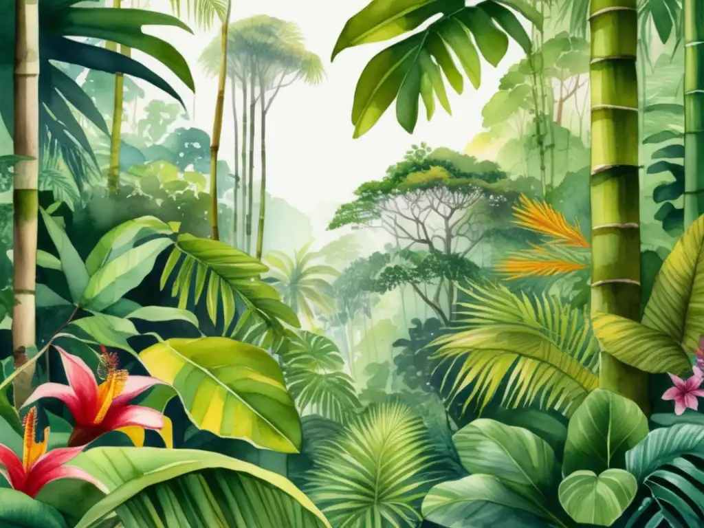 Ilustración detallada de bosque tropical con diversidad de especies vegetales