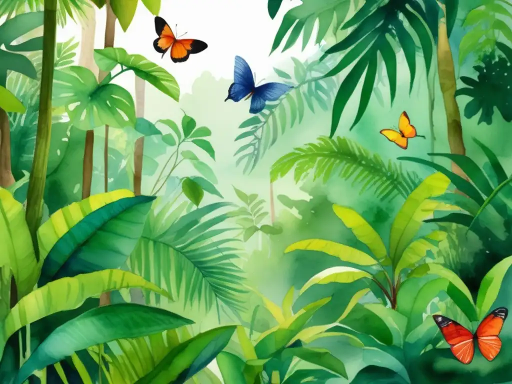 Ilustración acuarela exuberante selva tropical con biodiversidad de plantas vibrantes - Plantas selvas tropicales biodiversidad