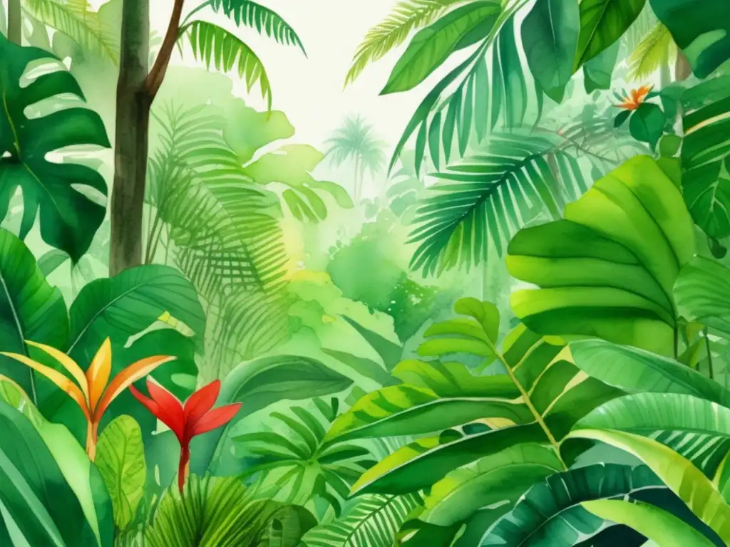 Ilustración acuarela detallada de una exuberante selva tropical con diversidad de especies vegetales