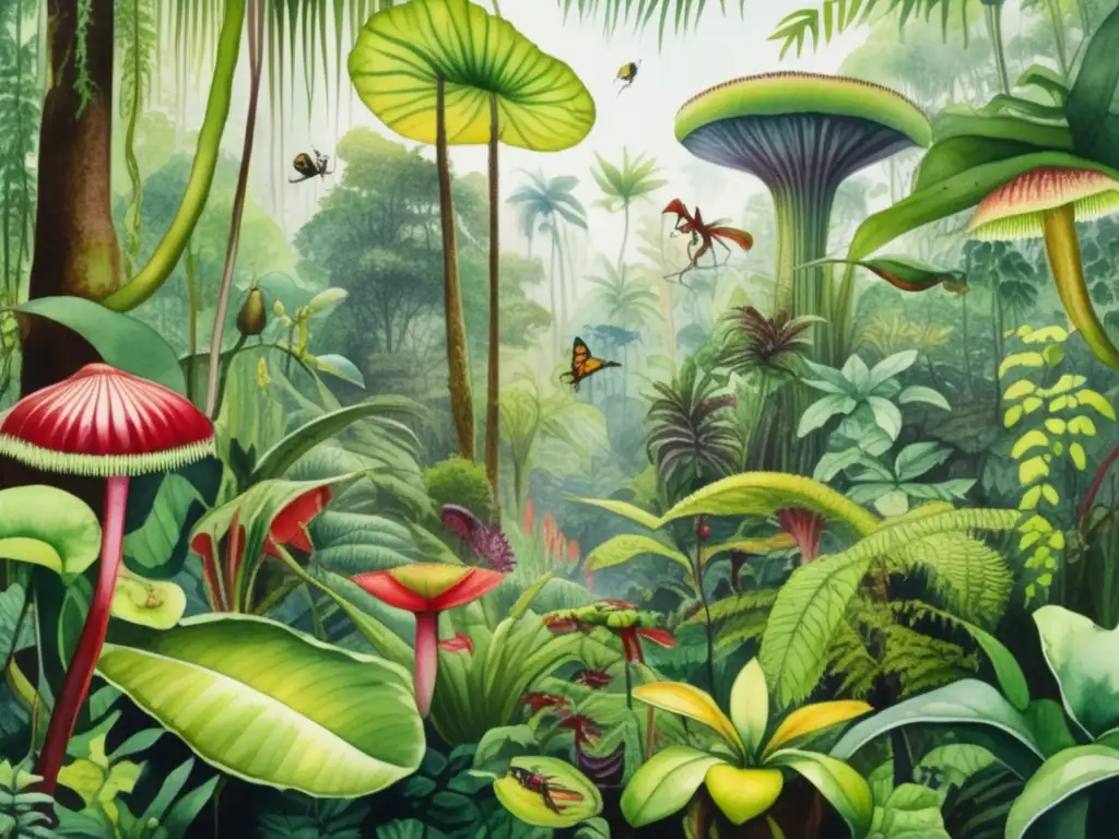 Plantas carnívoras en literatura y cine: Una imagen detallada de una exuberante selva tropical, con vegetación verde vibrante y árboles imponentes