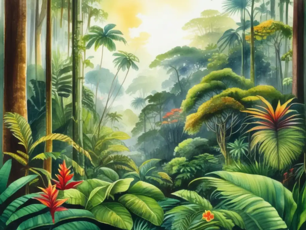 Pintura acuarela detallada de una exuberante selva tropical, llena de vida vegetal vibrante y biodiversidad