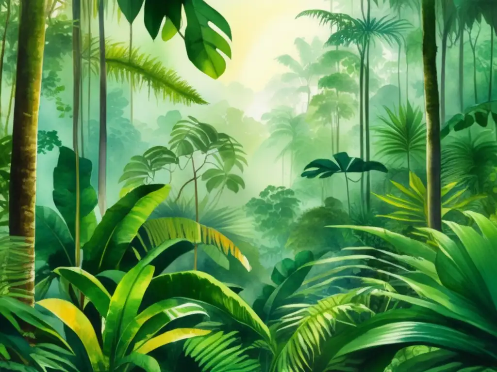 Pintura acuarela: Selva tropical exuberante con diversidad botánica y actividad comunitaria