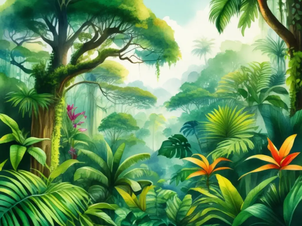 Ilustración detallada de una exuberante selva tropical, con plantas medicinales tropicales y diversas especies