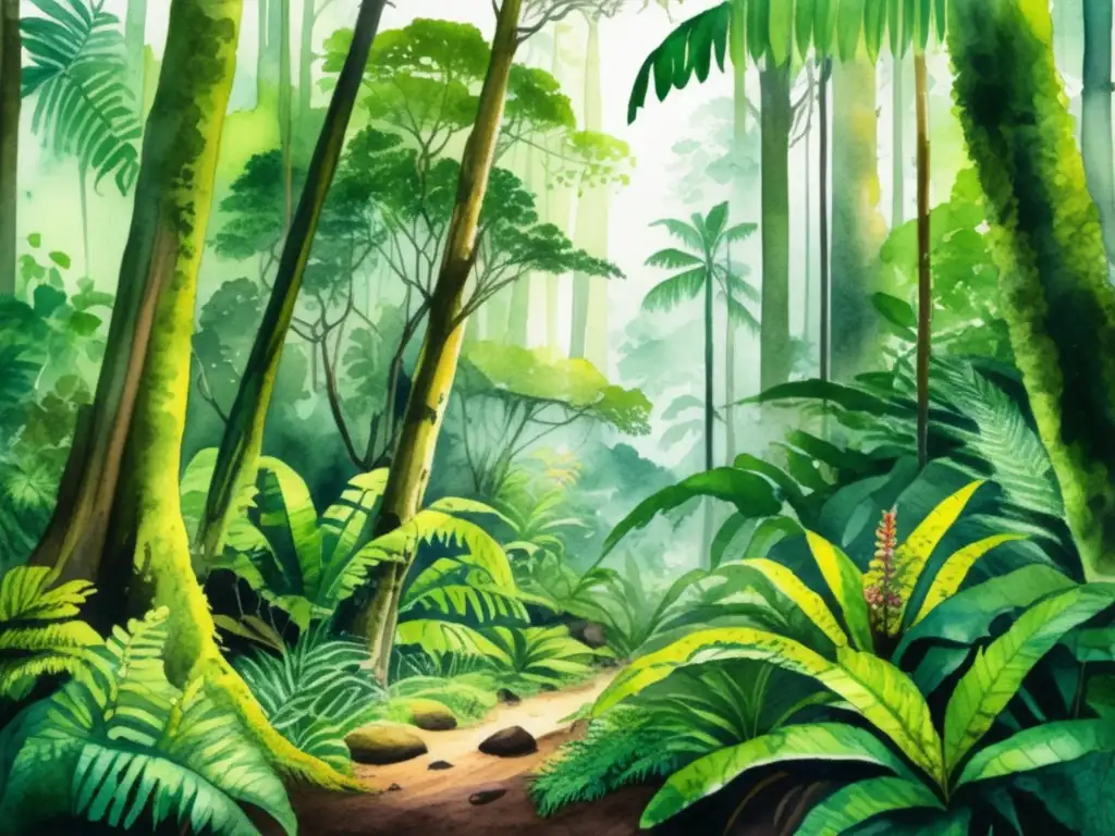 Ilustración acuarela de selva tropical exuberante, con gran variedad de plantas