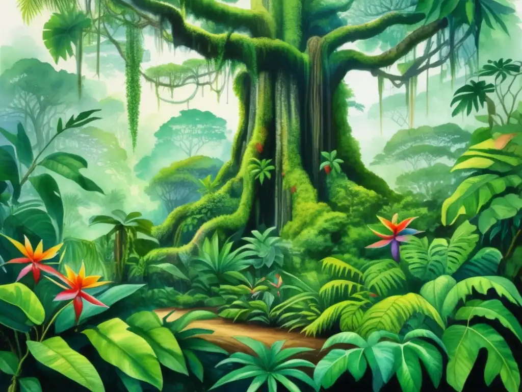 Pintura acuarela de selva tropical con plantas epífitas y adaptaciones respiratorias en plantas extremas