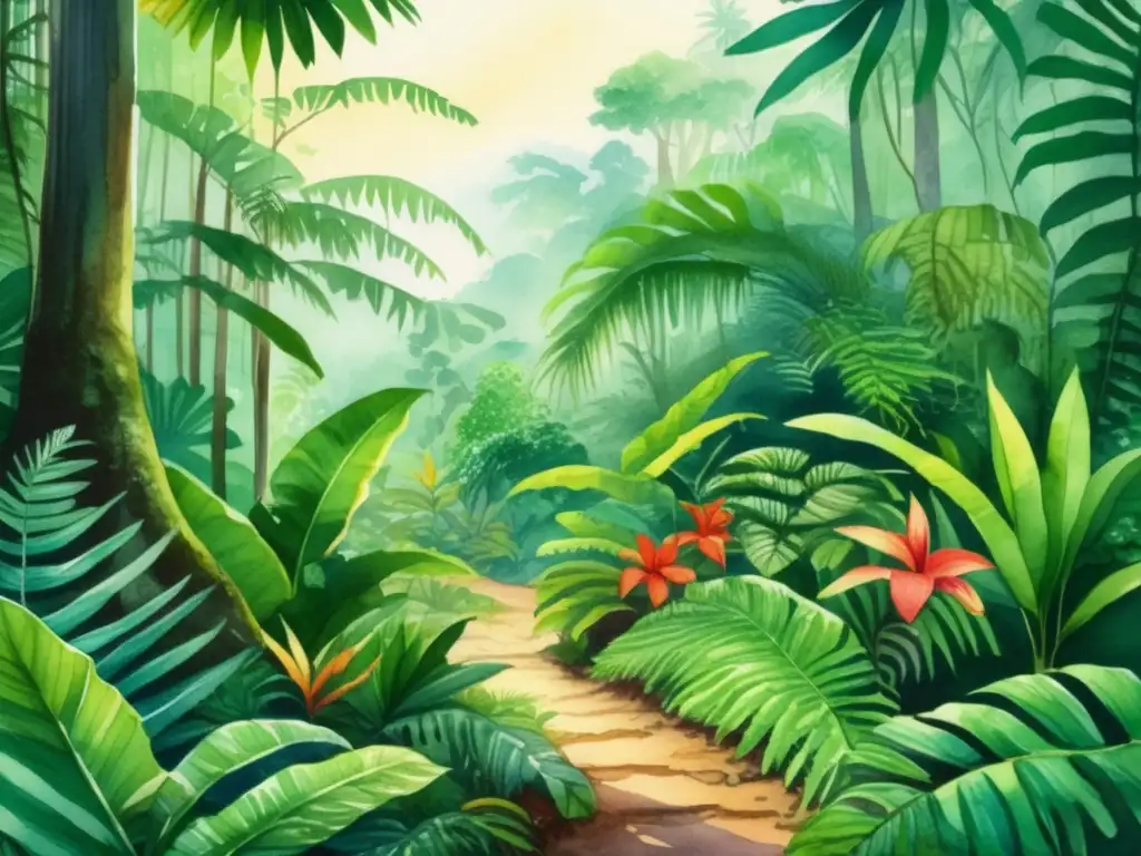 Ilustración acuarela ultradetallada de una exuberante selva tropical, llena de diversidad de plantas