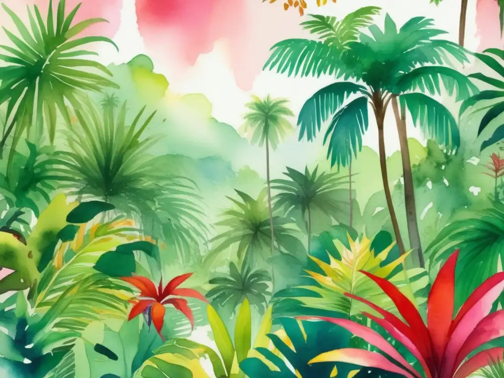 Ilustración acuarela vibrante de una exuberante selva tropical, capturando la distribución geográfica de plantas tropicales