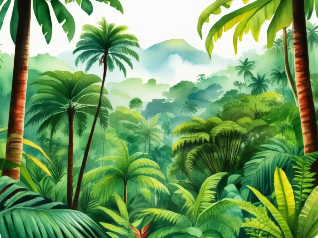 Ilustración acuarela detallada de una exuberante selva tropical en América Latina, con colores vibrantes y abundante vida vegetal