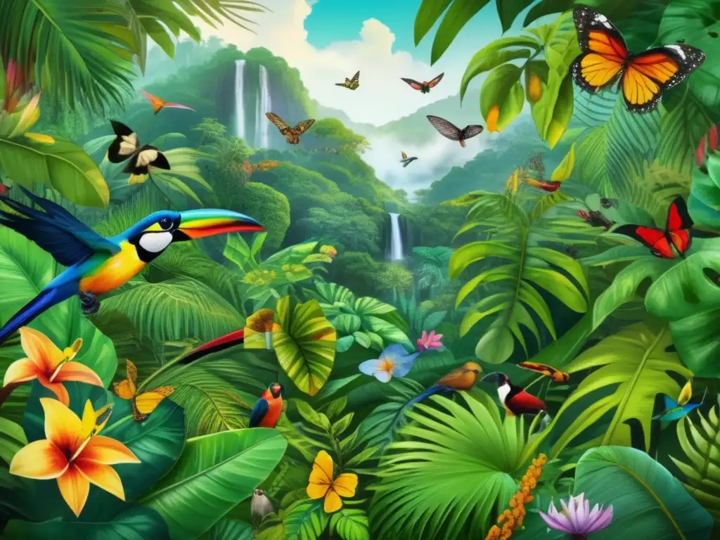 Escena de selva tropical con plantas medicinales históricas y culturales, aves coloridas y detalles realistas