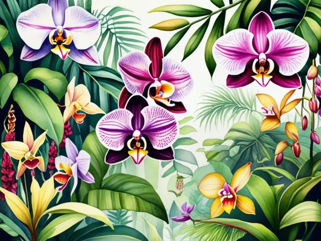 Ilustración acuarela de selva tropical con orquídeas atractivas para abejas