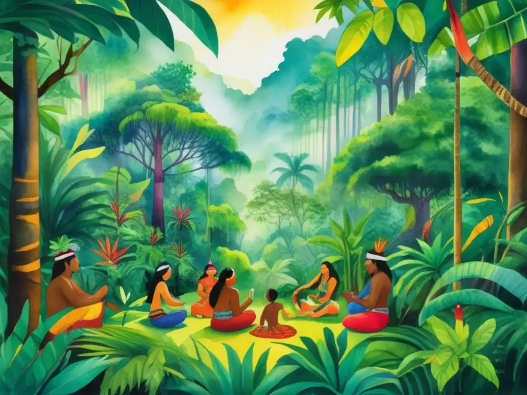 Pintura acuarela: Bosque tropical, rituales indígenas y plantas medicinales (110 caracteres)