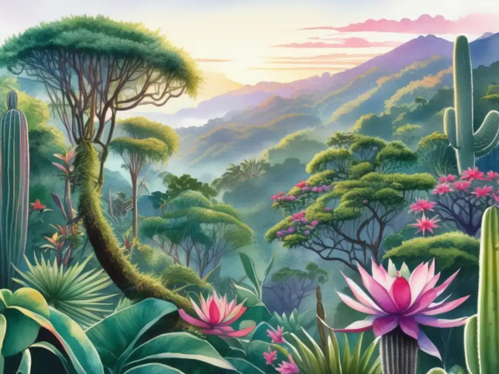 Ilustración detallada de una selva tropical con plantas sagradas de colores vibrantes y detalles intrincados