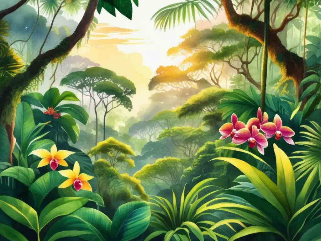 Una ilustración ultradetallada de una exuberante selva tropical llena de vida vegetal