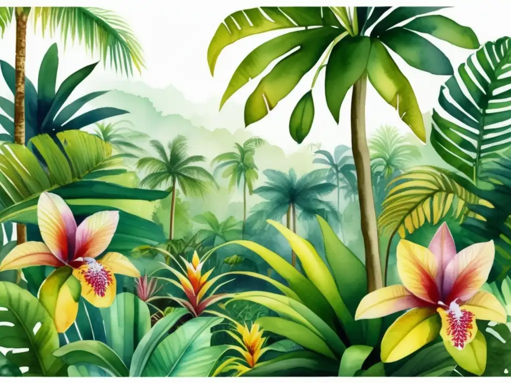 Ilustración acuarela exquisita de selva tropical con plantas exóticas y detalles intrincados, como orquídeas, bromelias y helechos