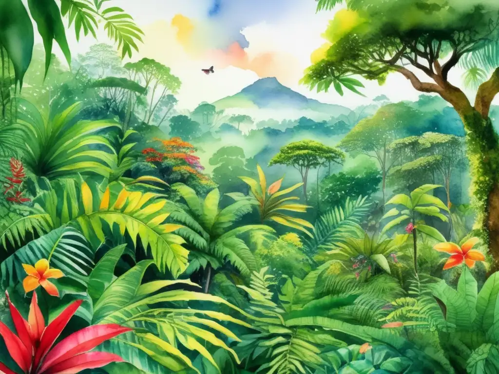 Pintura acuarela detallada de selva tropical, con diversidad de plantas