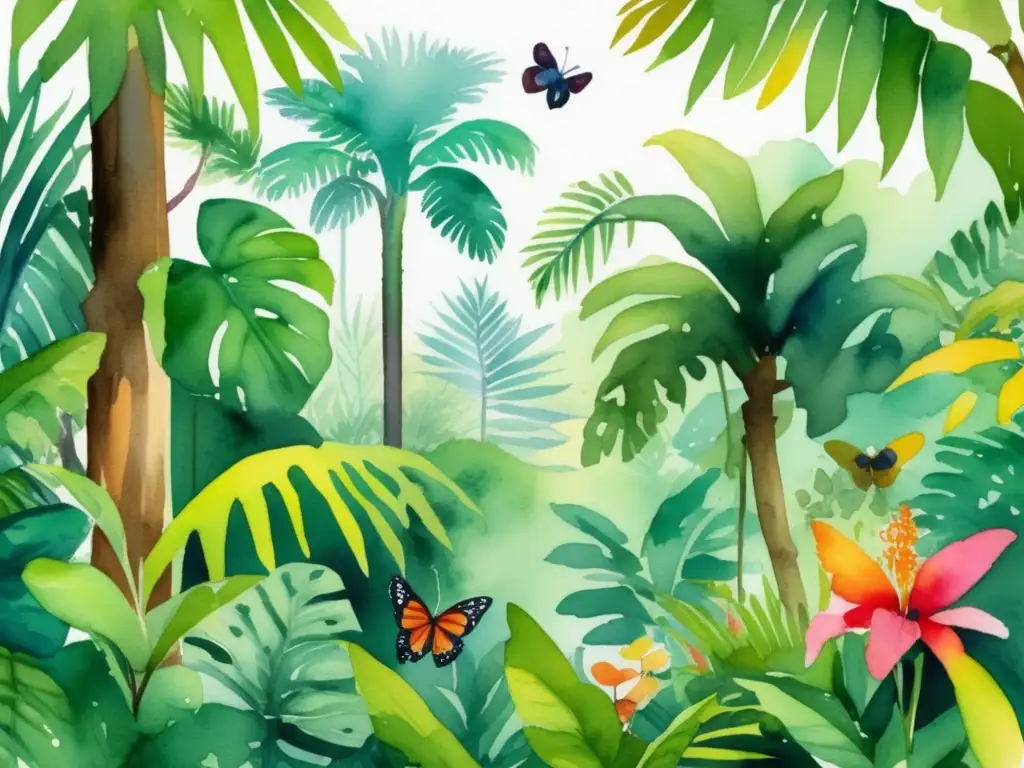 Ilustración acuarela vibrante de una exuberante escena de selva tropical