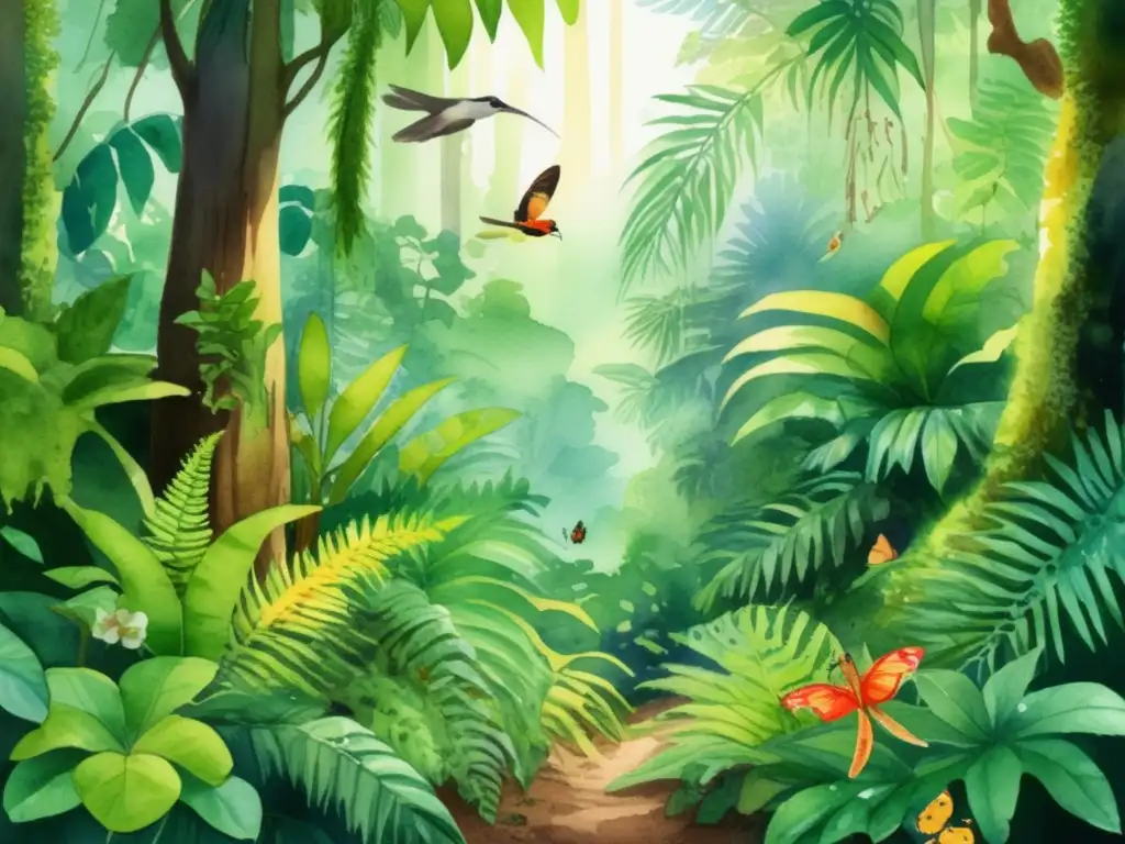 Ilustración acuarela detallada de una exuberante selva tropical llena de vida y colores vibrantes