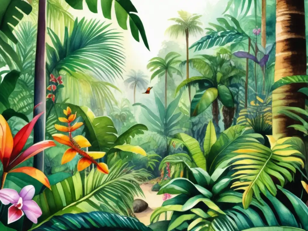 Ilustración acuarela detallada de una exuberante selva tropical, con plantas tropicales y vida animal