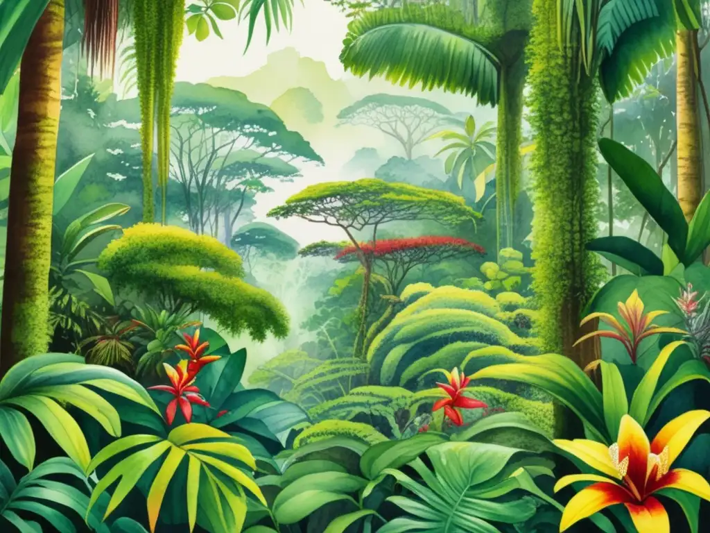 Importancia de plantas en selvas tropicales: ilustración acuarela detallada de exuberante selva tropical llena de especies vegetales